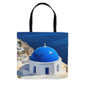 Santorini Blue Domes tote bag by Sam Gilliss Visual Arts, featuring a double-stitched cotton design with Oia Greece print.