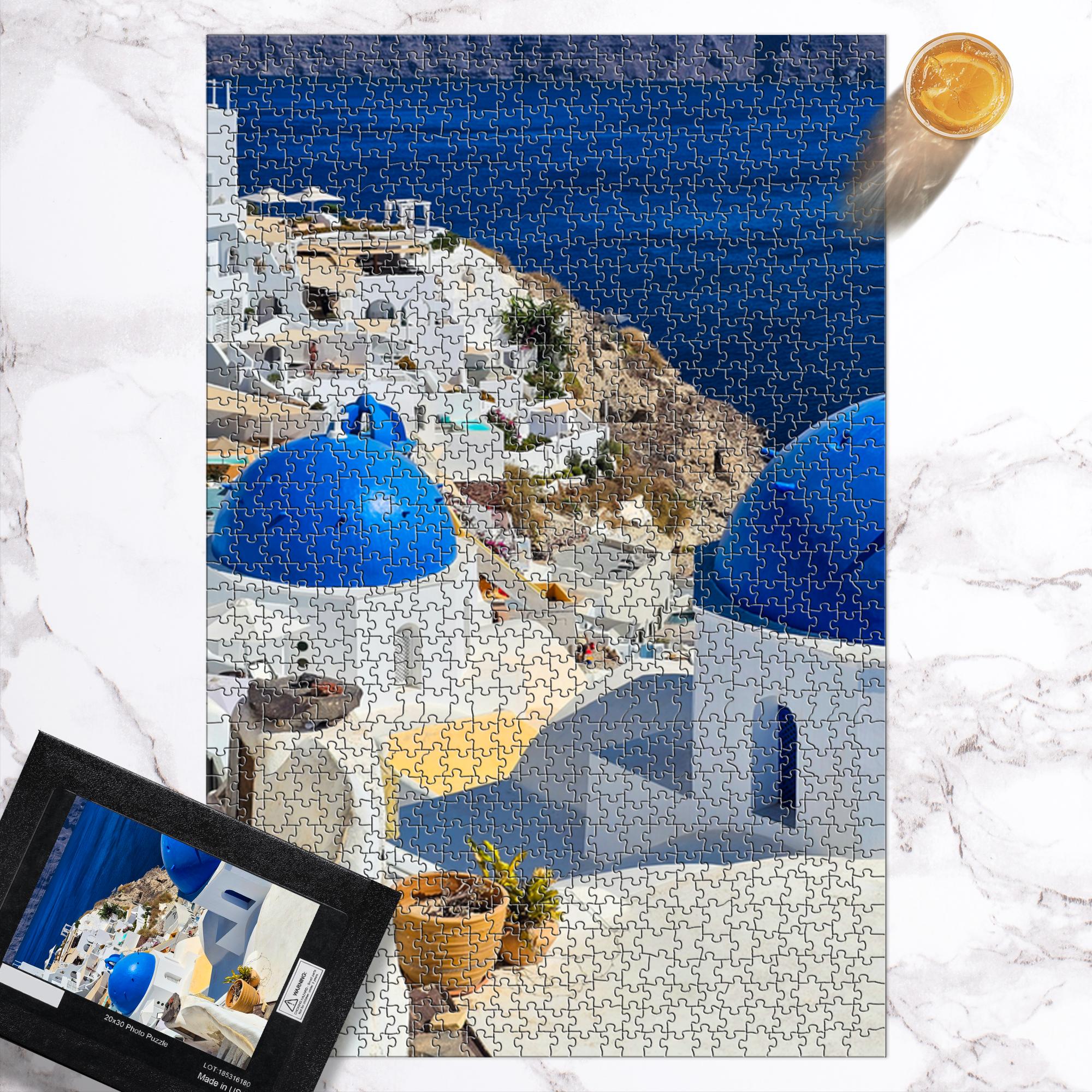 Sam Gilliss Visual Arts Santorini Blue Domes puzzle featuring Oia Greece with 110 to 1000-piece fine art jigsaw puzzle on vibrant image