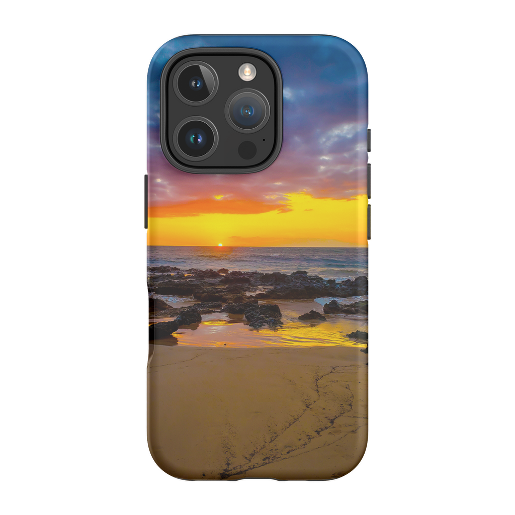 Sam Gilliss Maui Sunset premium cell phone case featuring a Hawaiian island scene and golden hour colors.