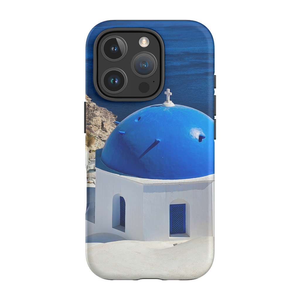 Blue Domes of Oia Santorini cell phone case featuring iconic Greek architecture, designed by Sam Gilliss Visual Arts.