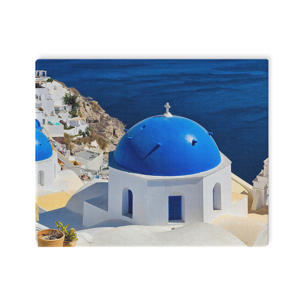 Santorini Blue Domes canvas wall art by Sam Gilliss Visual Arts showcasing Oia's iconic Mediterranean coastal scenery.