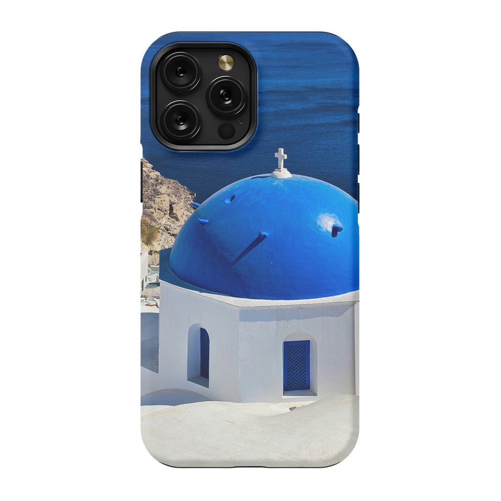 Blue Domes of Oia Santorini cell phone case by Sam Gilliss Visual Arts featuring iconic Greek architecture in vibrant blue.