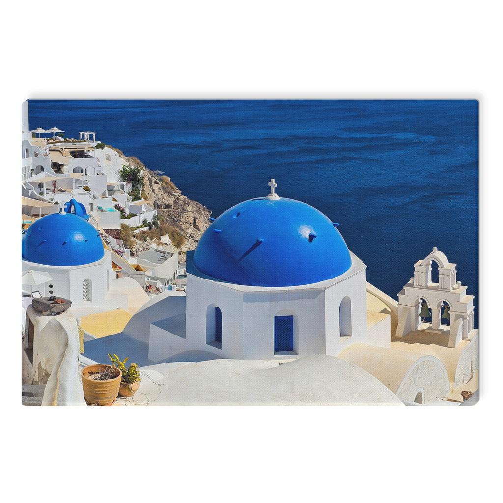 Santorini Blue Domes canvas wall art by Sam Gilliss Visual Arts showcasing Oia's iconic blue-domed buildings in Greece.