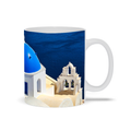 Blue Domes of Oia Santorini Greece 11 oz ceramic coffee mug featuring iconic Greek architecture, travel-inspired design by Sam Gilliss.