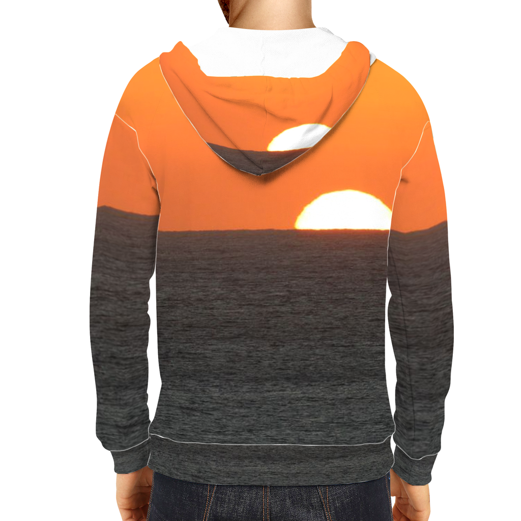 Sam Gilliss Visual Arts Cabo San Lucas Sunset hoodie with vibrant ocean sunset all-over print pullover.