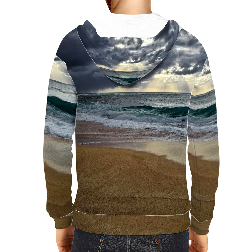 North Shore Oahu premium all-over print hoodie by Sam Gilliss Visual Arts, featuring vibrant ocean and island design, ultra soft fabric.