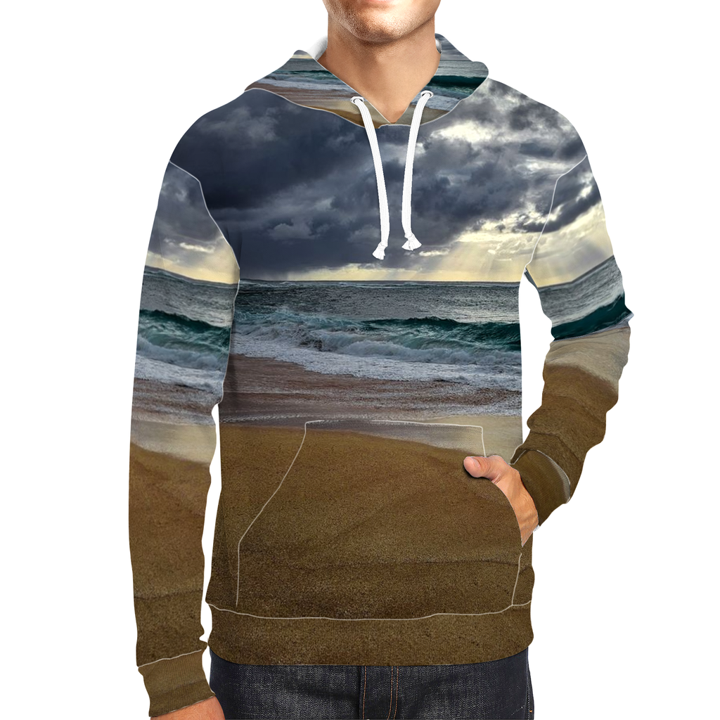 North Shore Oahu premium all-over print hoodie by Sam Gilliss Visual Arts, featuring vibrant tropical beach artwork and a soft, classic fit.