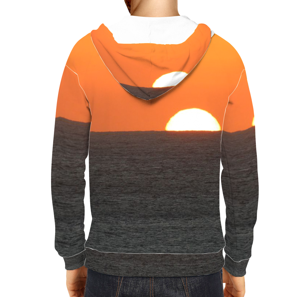 Sam Gilliss Visual Arts Cabo San Lucas Sunset hoodie featuring all-over ocean sunset print and immersive sunset artwork.