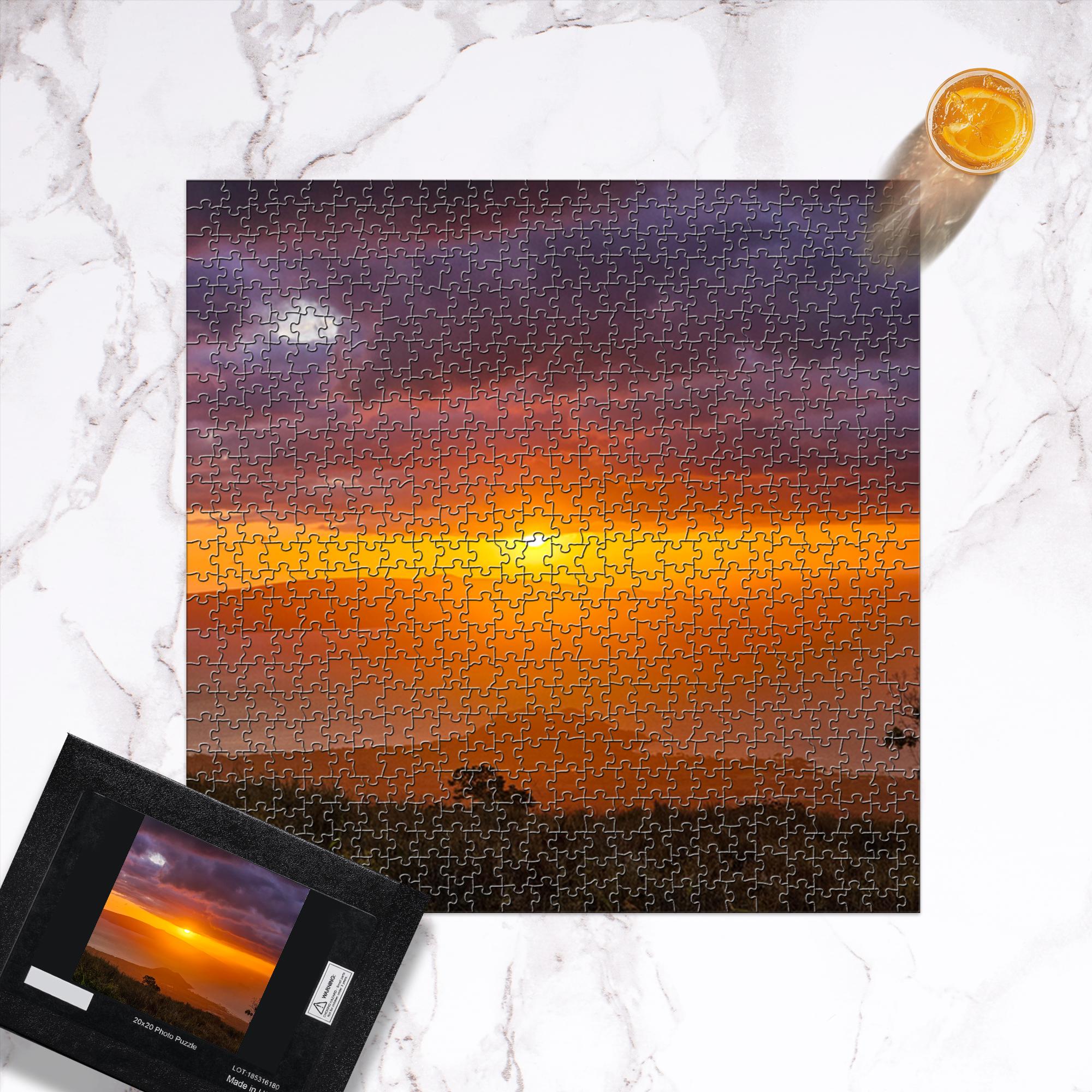 Hawaiian sunset ocean puzzle by Sam Gilliss Visual Arts, featuring a colorful sunset over the sea with lush island scenery.